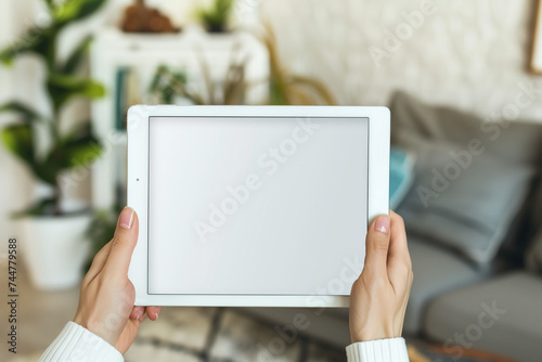 Holding a tablet mock-up in a casual setting, screen facing the viewer, personal and relatable, ideal for app or website presentations