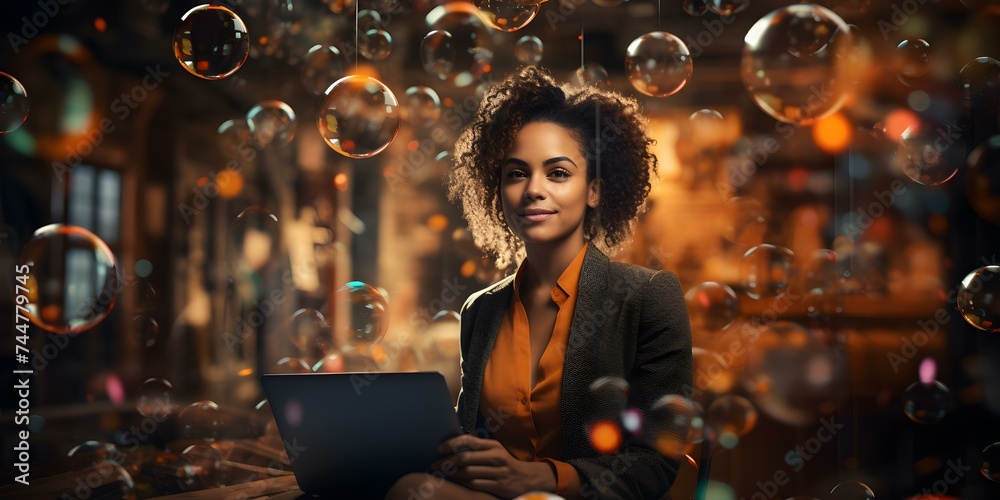 Showcasing Digital Innovation and Coding: African American Woman in the Tech Industry. Concept Tech Innovation, African American Women, Digital Coding, Industry Representation, Diversity in Tech - obrazy, fototapety, plakaty 