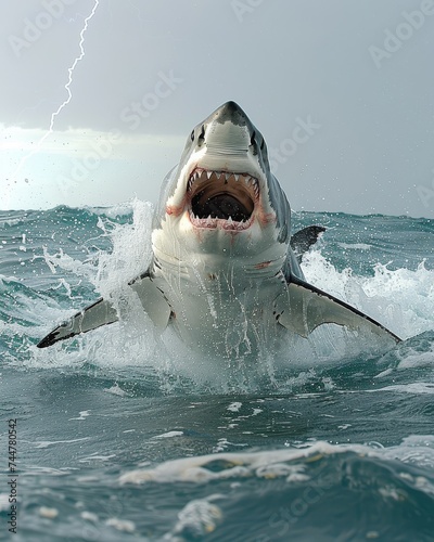 Great White Shark Jumping Out of Water with Lightning - A stunning photograph capturing a great white shark leaping out of the water during a storm, with lightning striking in the background photo