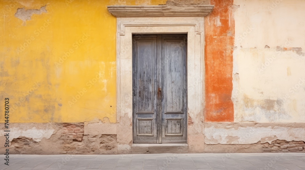 The dilapidated wall of the building and the wooden door require major repairs. Facade of a house with damaged plaster. Photophone for retro shooting. Illustration for cover, card, interior design.