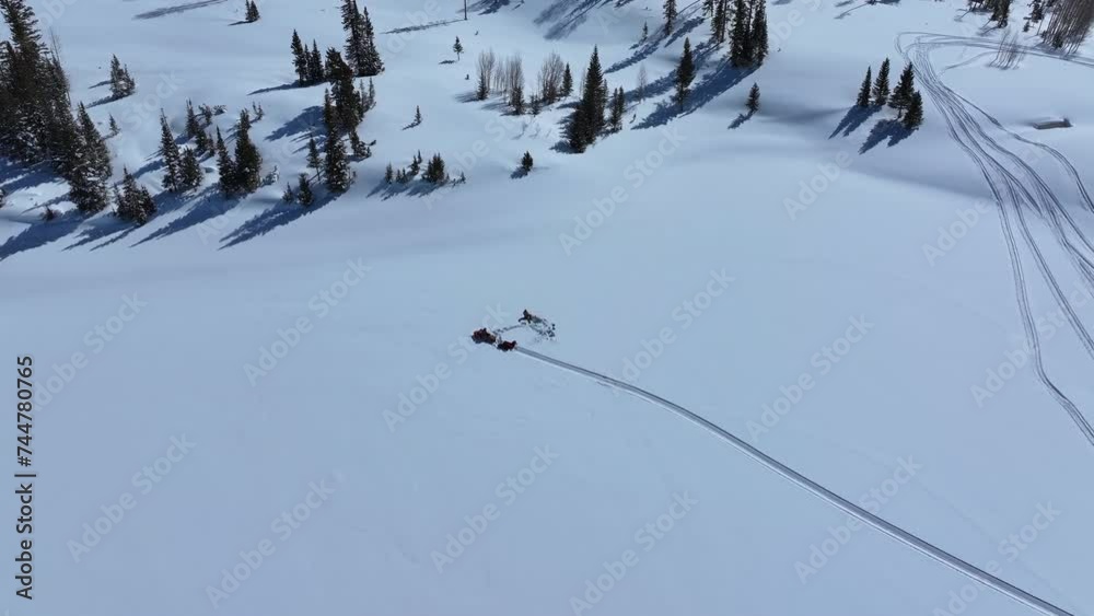 Aerial ice fishing winter mountain lake Utah. Ice fishing through thick frozen lake. High mountain recreation area. White cold winter snow and freezing temperature. Snowmobile trail ride. Dangerous. Aerial ice fishing winter mountain lake Utah. Ice fishing through thick frozen lake. High mountain recreation area. White cold winter snow and freezing temperature. Snowmobile trail ride. Dangerous.