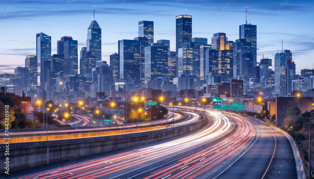  A long exposure shot of a busy highway interchange at dusk with the lights of the city in the background