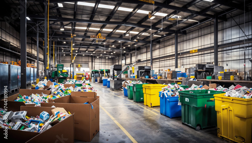  A large warehouse filled with colorful bins and boxes of recyclable materials