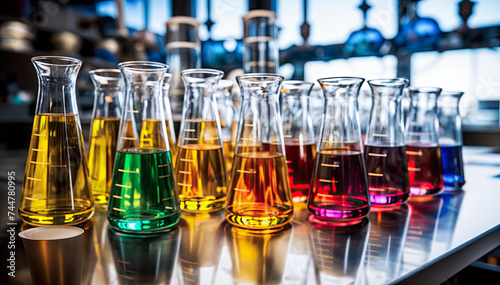  An assortment of colorful chemicals in beakers of various sizes in a laboratory setting