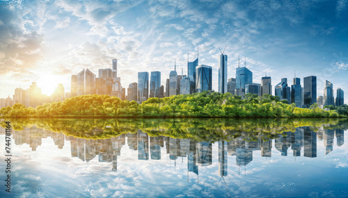 A beautiful cityscape image of a modern city with skyscrapers and a river in the foreground, reflecting the blue sky and white clouds © Graphic Dude