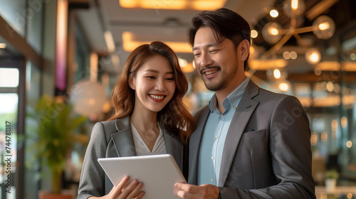 Corporate Teamwork: Business Professionals with Tablet. Business professionals, a man and a woman, are engaged and smiling while looking at a tablet in a modern office corridor.