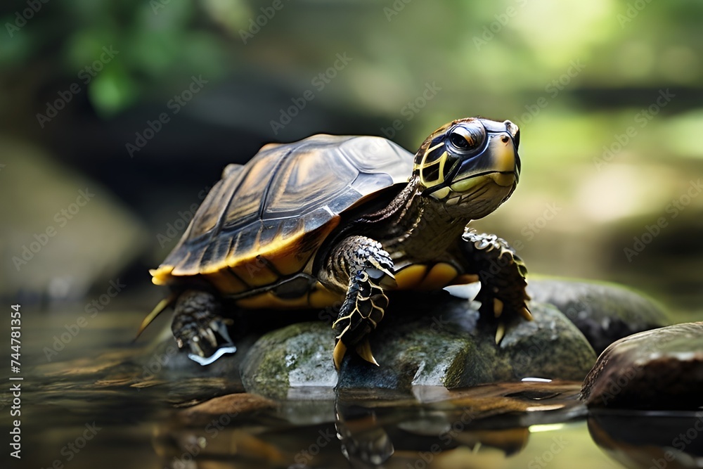 A small turtle is sitting on a rock, with its head up and looking around. The turtle appears to be observing something in the water or simply enjoying its surroundings. A small turtle is sitting on a rock, with its head up and looking around. The turtle appears to be observing something in the water or simply enjoying its surroundings.