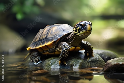 A small turtle is sitting on a rock, with its head up and looking around. The turtle appears to be observing something in the water or simply enjoying its surroundings.