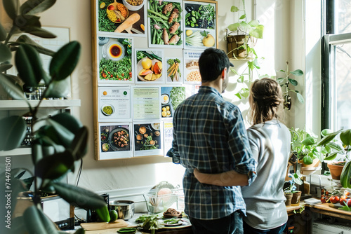 Inside a nutritionist's consultation room, a couple discusses their meal plan, board showcases vibrant food photos and nutritional charts.