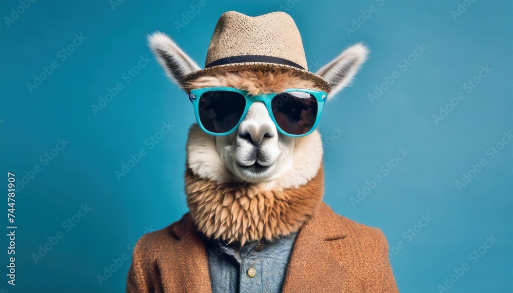 a studio portrait of a funky hipster alpaca wearing a jacket sunglasses on a seamless blue colored solid colored background