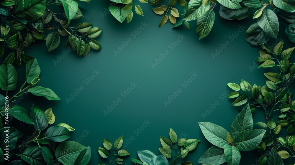 Green leaves adorn both the top and bottom of the background