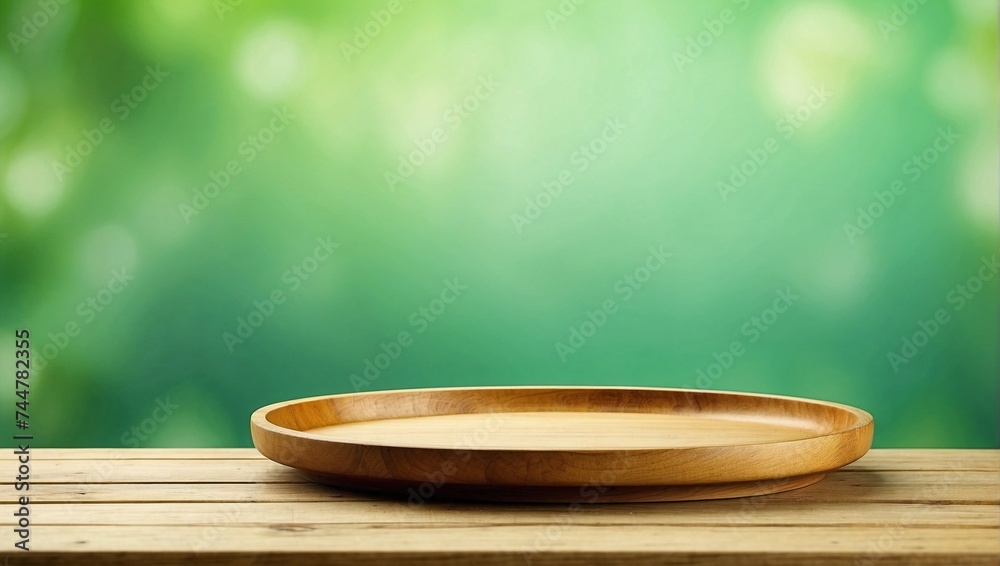 Wooden tray isolated on blur green color background Wooden tray isolated on blur green color background