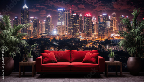 A stunning view of a modern city skyline at night from a living room with a red sofa and potted plants.