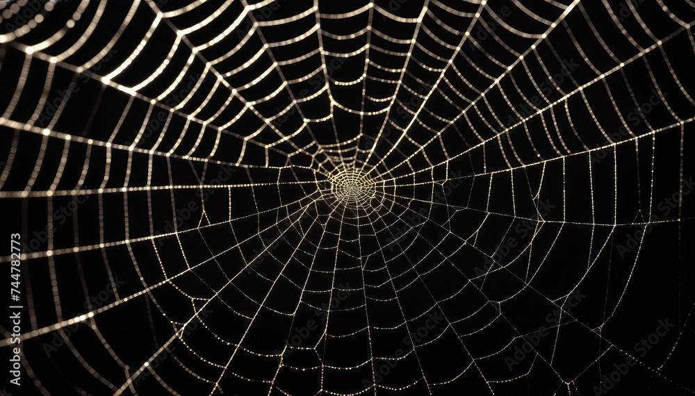  A symmetrical and delicate orb spider web with water droplets glistening in the early morning light