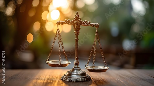 Fairness scales of justice against court house building background banner, concept of business financial protection photo