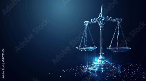 Illuminated Digital Scale of Justice: Symbolic Representation of Law and Order in Cyberspace. Futuristic justice, law judgement concept with glowing low polygonal isolated vector illustration 