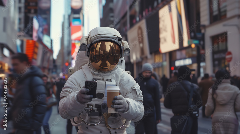 Astronaut with Smartphone in Times Square: Space Age Meets Digital Era 