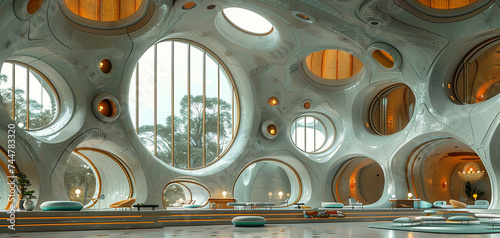A futuristic interior with organic architecture, circular windows, warm lighting, and minimalist furniture.