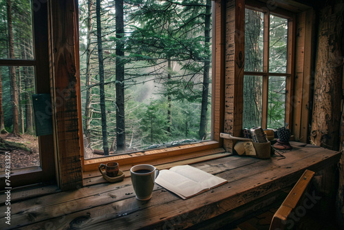 Within the confines of a cozy cabin nestled in the heart of the wilderness  capture the intimate moment of someone sipping coffee  their mind immersed in the world of words as they