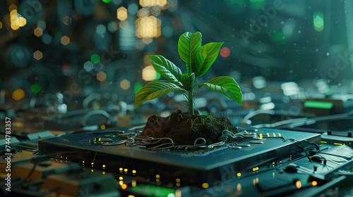 Tree with soil growing on the converging point of computer circuit board. Blue light and wireframe network background. Green Computing, Green Technology. AI generated illustration photo