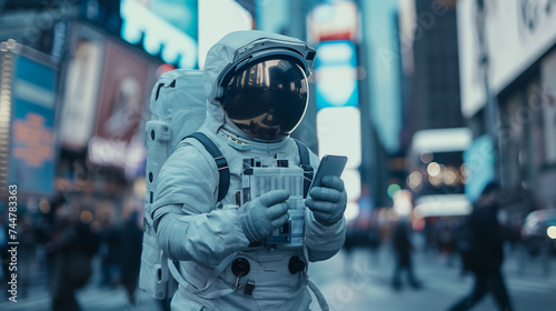 Astronaut Texting in Urban Landscape: Interstellar Communication Concept