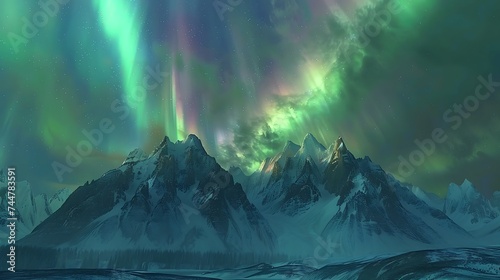 The Northern Lights illuminated a clear spring night sky over a peaceful mountain landscape, the vibrant colors dancing above the snow-capped peaks, a scene of awe-inspiring natural beauty and tranqui