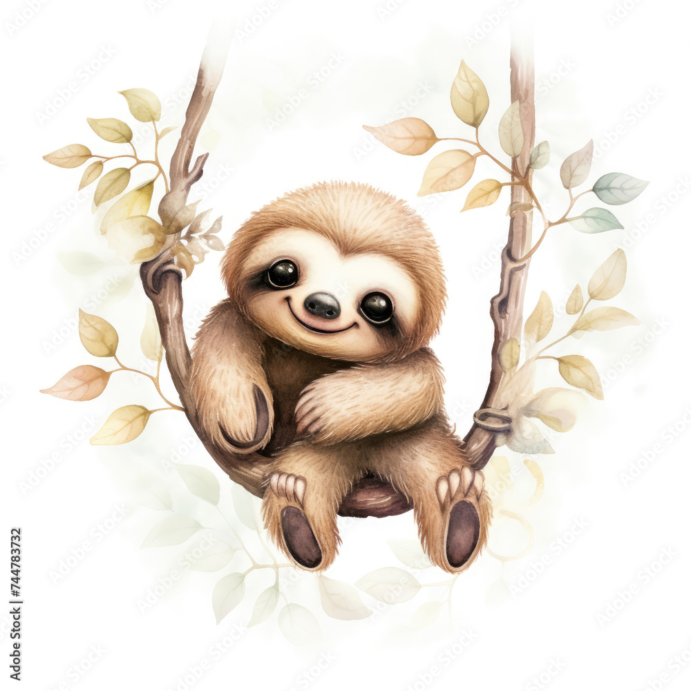 Fototapeta premium A charming illustration of a smiling sloth hanging leisurely from tree branches surrounded by soft foliage. 