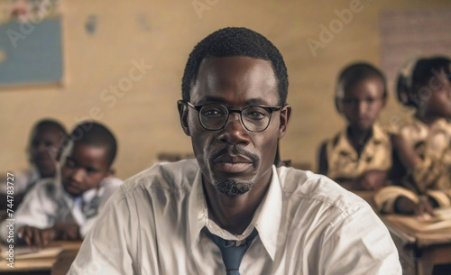 An African teacher in an auditorium classroom. Portrait of an African American in an educational institution. A school in Africa. The teacher is a man. Education.