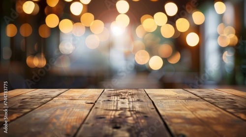 image of wooden table in front of resturant lights abstract blurred background