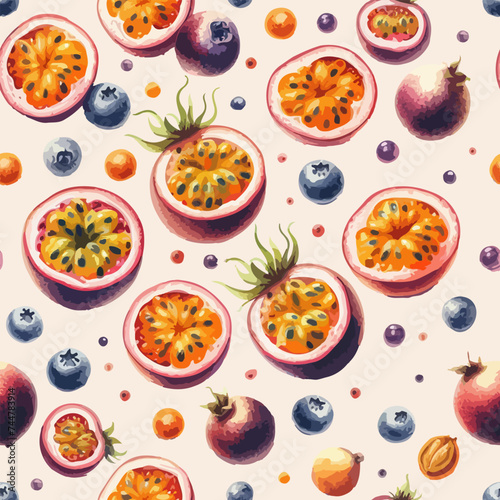 Hand drawn watercolor passion fruit seamless pattern.