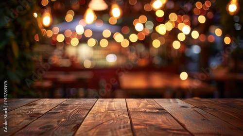 image of wooden table in front of resturant lights abstract blurred background
