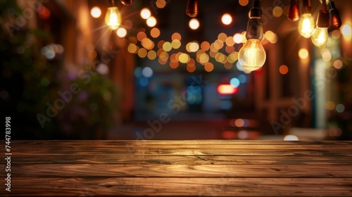 image of wooden table in front of resturant lights abstract blurred background © Jalal