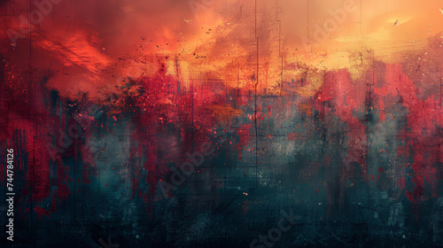 Vibrant Red and Blue Cityscape Painting