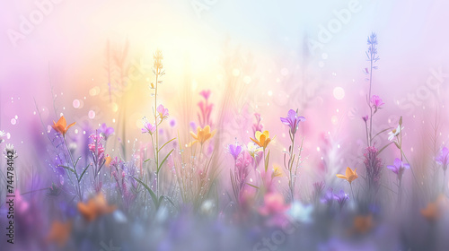A soft-focus view of a wildflower meadow, bathed in the warm glow of a rising sun, evoking a dreamlike quality. 
