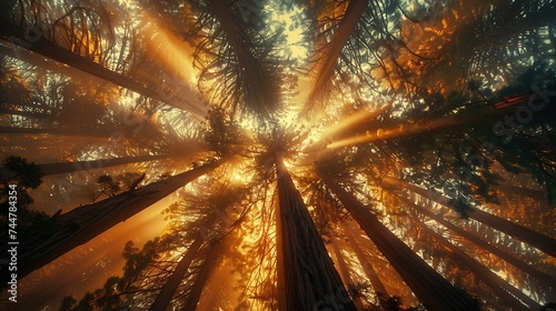 Towering redwood trees reaching towards the heavens, their ancient branches swaying in the wind. Shafts of golden sunlight filter through the dense canopy, casting dappled shadows on the forest floor 