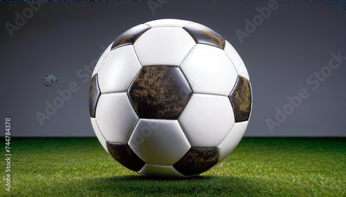  A closeup of soccer ball on a grass field with a dark background photo