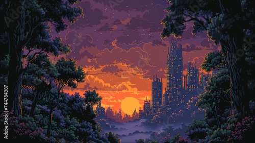 Mystical Forest Sunset: Ancient Ruins with Modern City Silhouette in the Background