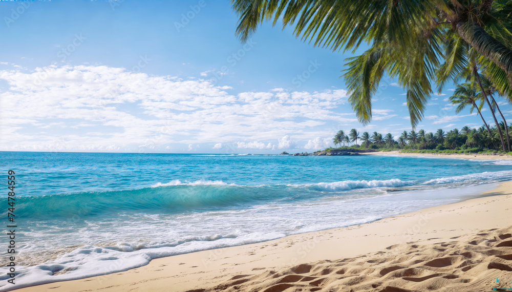  Amazing beach landscape with white sand, palm trees and turquoise ocean