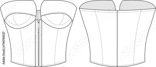 sleeveless strapless zippered short blouse top template technical drawing flat sketch cad mockup fashion woman design style model jean denim