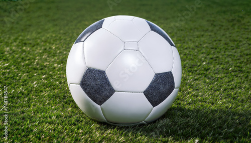 Close up Classic black and white soccer ball laying on the green grass field © Graphic Dude
