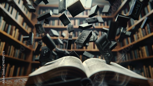 Open book with falling black letters. Letters of the alphabet in levitation in the air over the open book 