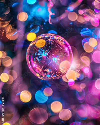Minimal sparkling purple background of soap bubbles everywhere, floating in the air, transparent water balls.