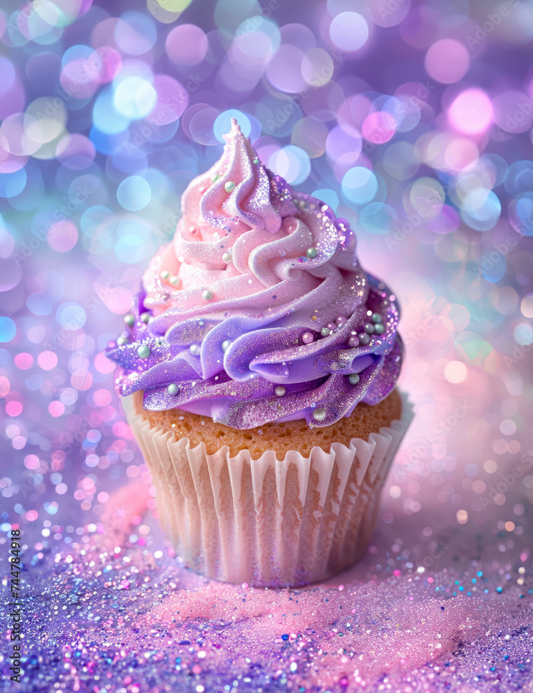 Minimal tasty concept, decorative sweet cake in delicate purple colors, muffin with icing and glitter. Violet food concept, cupcake recipe for a colorful party. Minimal tasty concept, decorative sweet cake in delicate purple colors, muffin with icing and glitter. Violet food concept, cupcake recipe for a colorful party.