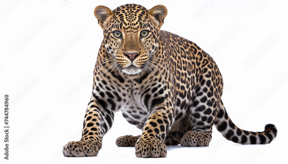 A crouching leopard, ready to pounce It is isolated on a white background. A crouching leopard, ready to pounce It is isolated on a white background.