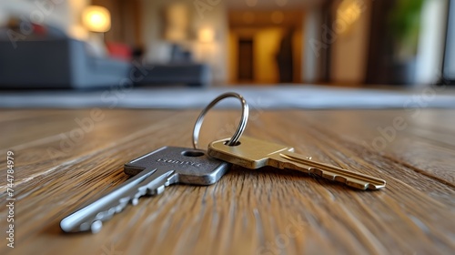 Keys on background new modern apartment or hotel room. Investment, rent, real estate, buying own property