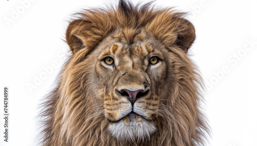  A majestic lion with a golden brown mane stares his yellow eyes with white background