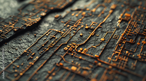 Circuit Board Style Carved Wooden and Slate Map, 
