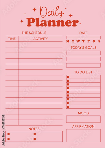  Vector daily planner template with schedule, to do list, notebook page, pink background