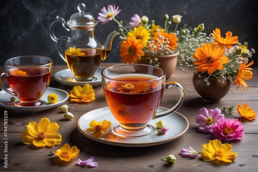 teapot and cups of tea on a table ,with flowers teapot and cups of tea on a table ,with flowers