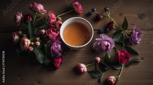 a cup of tea and some flowers on a table